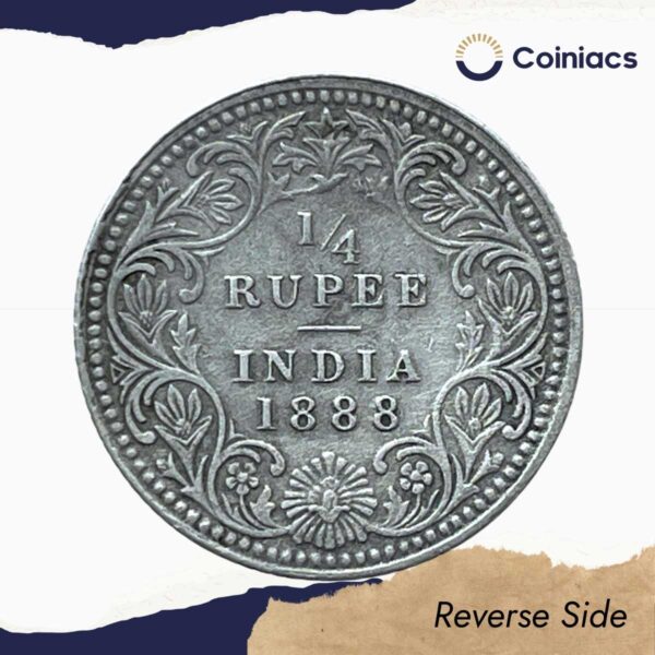 1/4 Rupee Victoria Empress 1888 Calcutta Mint (Obv C, Rev II) Silver Coin, British India Uniform Coinage, Collectable. - Image 3