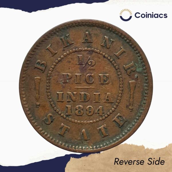 1/2 Pice Victoria Empress (Ganga Singh) 1894 Copper Coin, Princely State of Bikanir, Collectible. - Image 3