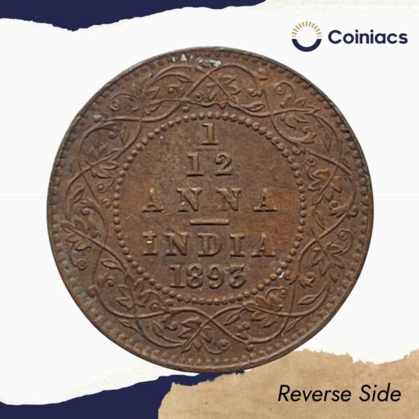 1/12 Anna Victoria Empress 1893 Calcutta Mint Copper Coin, British India Uniform Coinage, Collectible. - Image 3