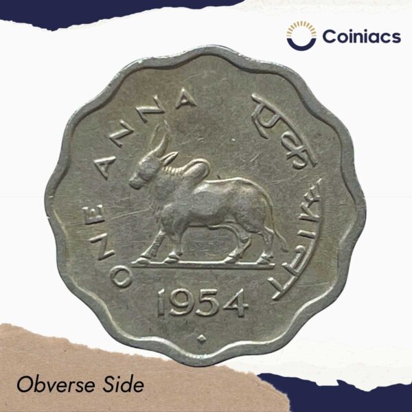 One Anna Bull 1954 Bombay Mint Copper-Nickel Coin, Republic India Anna Series, Collectible. - Image 2