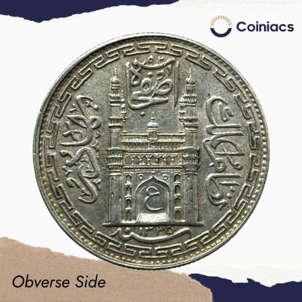 One Rupee Mir Usman Ali Khan RY-7 1335 AH Silver Coin Princely State of Hyderabad, XF+. - Image 2