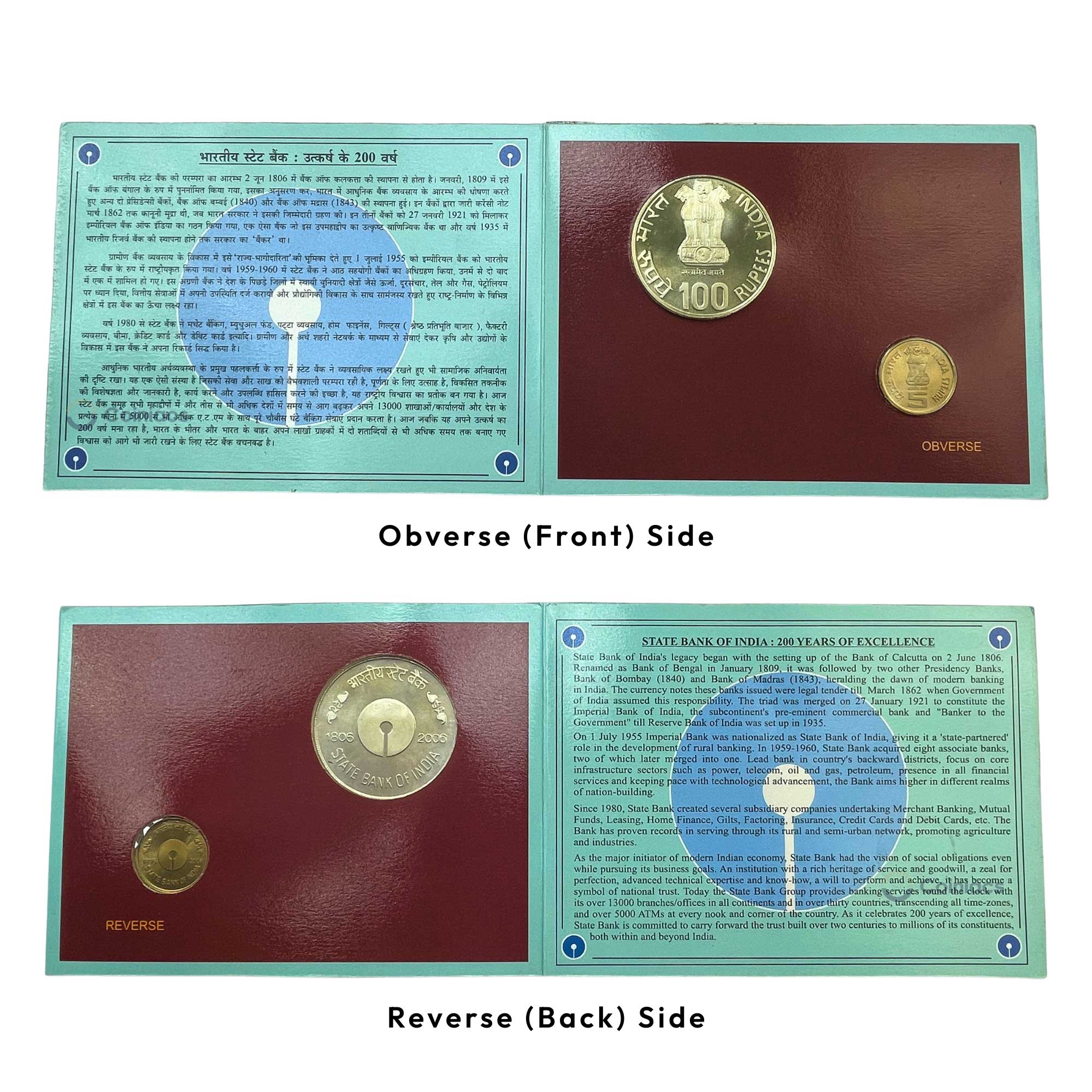 Rare Proof SET of 200 Years of State Bank India (SBI) (1806-2006) 100 Rupees & 5 Rupees Calcutta Mint Commemorative Coins, Republic India Decimal Series, Proof. - Image 5