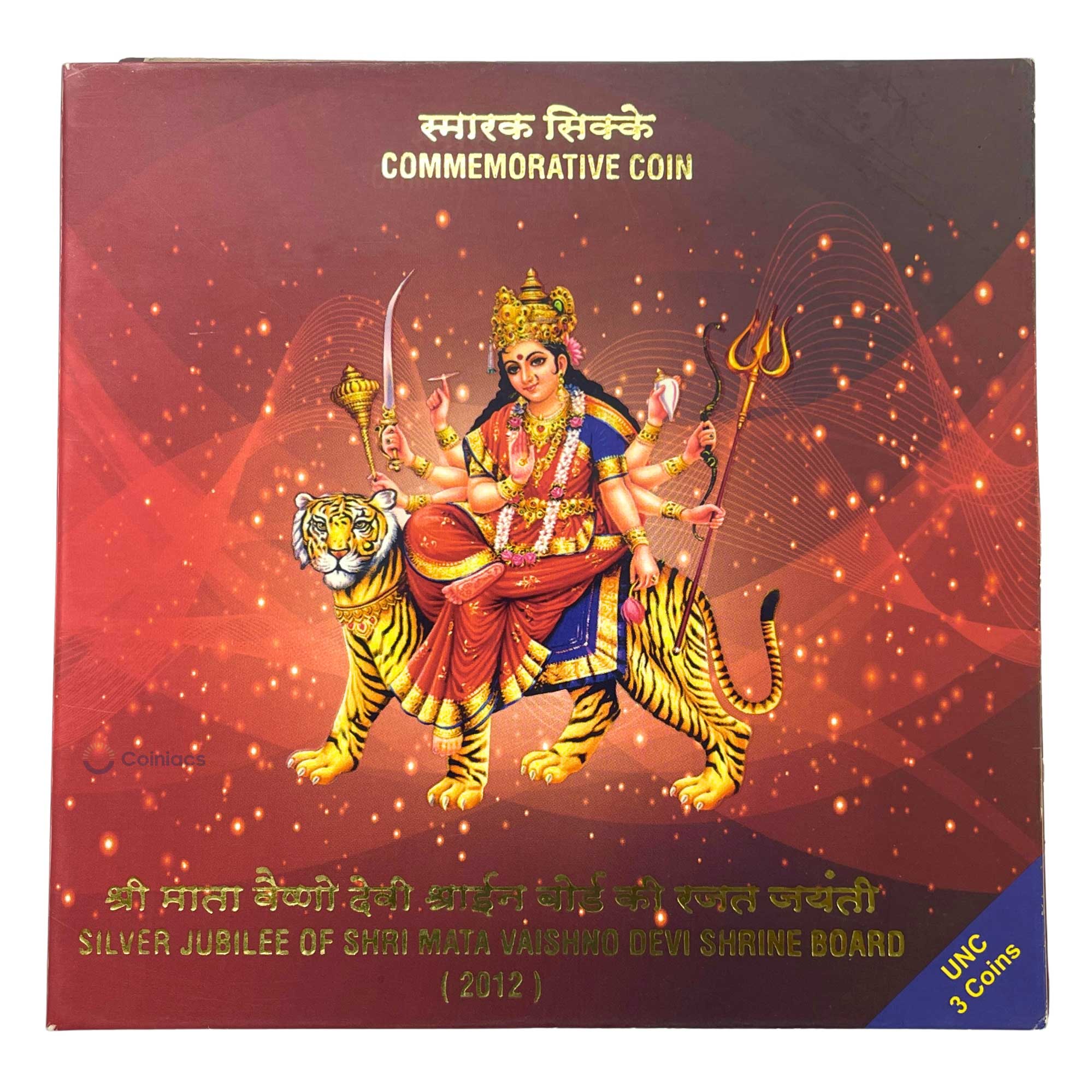 Rare UNC SET of Silver Jubilee of Shri Mata Vaishno Devi Shrine Board 2012 (25, 10 & 5 Rupees) Bombay Mint Commemorative Coins, Republic India Decimal Series, UNC