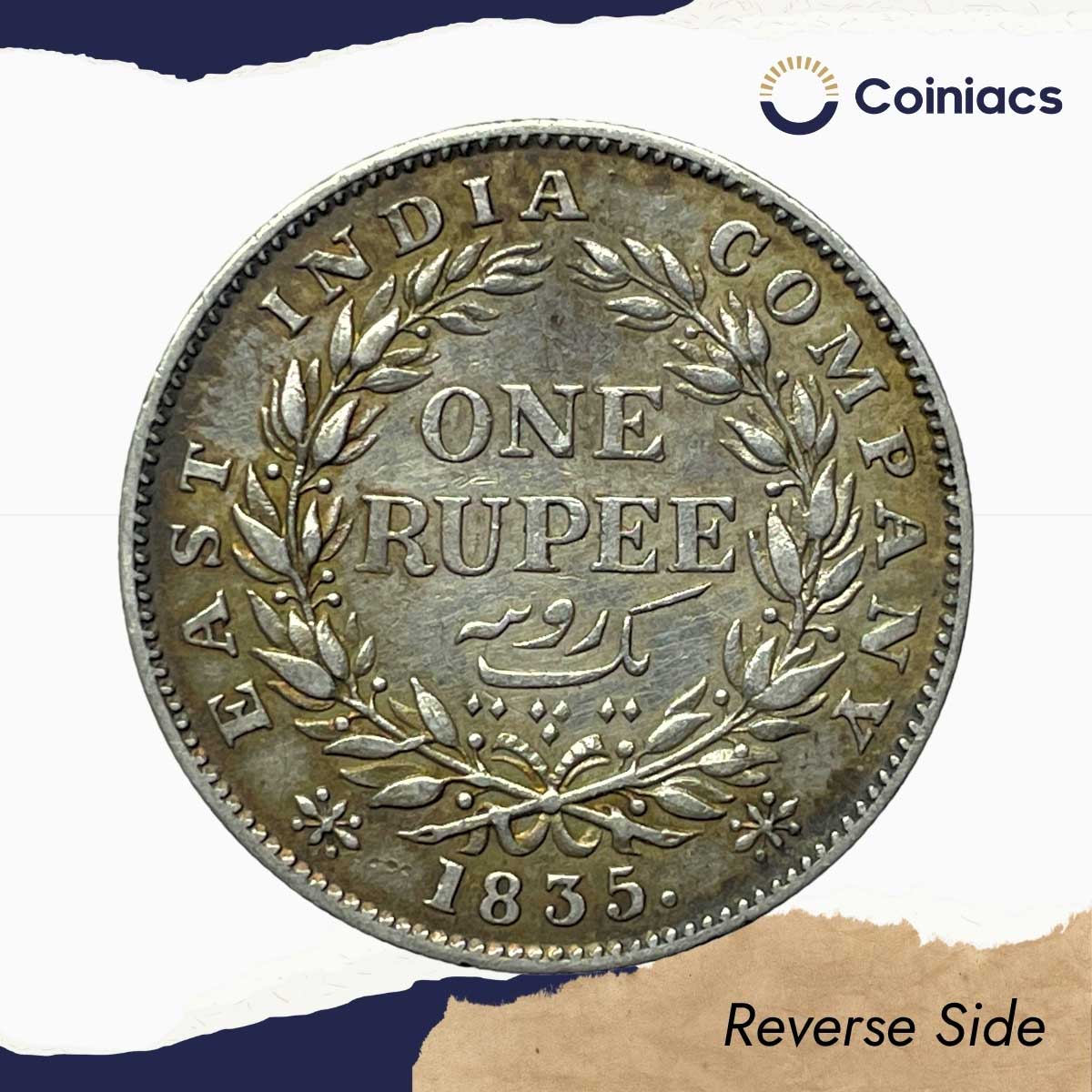 Scarce One Rupee William IIII 1835 Calcutta Mint (Obv-A, Rev-I) Silver Coin, British India Uniform Coinage, Collectible. - Image 3