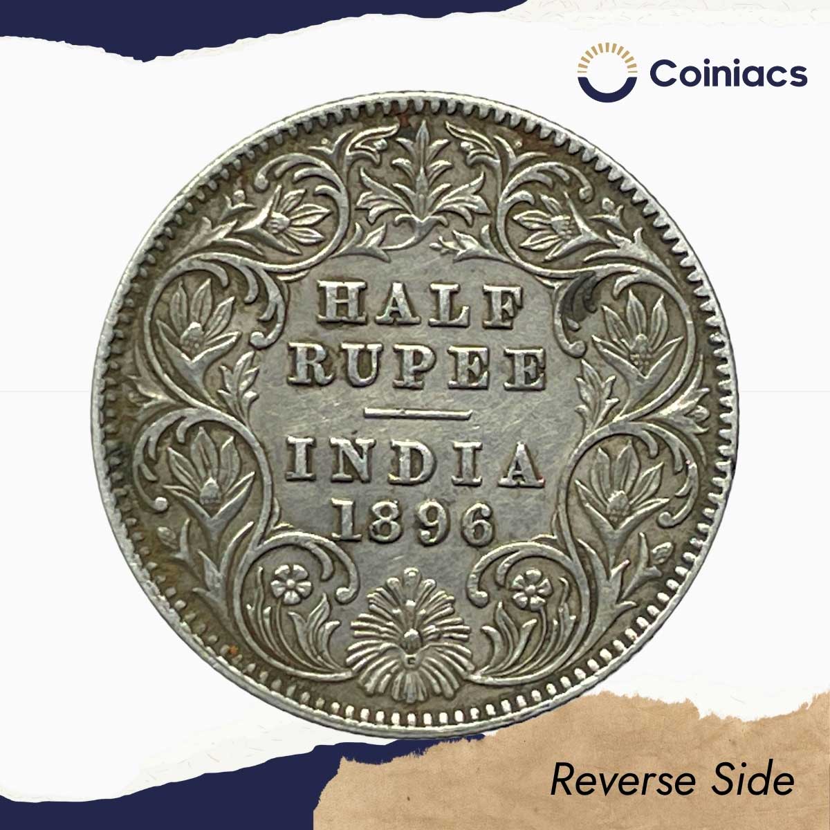Rare Half Rupee Victoria Empress 1896 Calcutta Mint 'C' incuse (Obv-A, Rev-I) Silver Coin, British India Uniform Coinage, Collectible. - Image 3