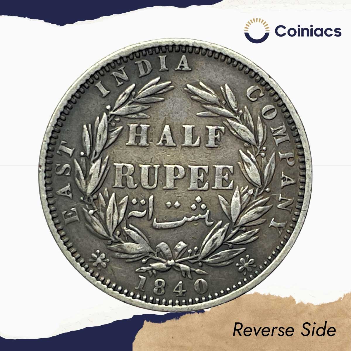 Rare Half Rupee Victoria Queen 1840 Divided Legend Madras Mint 'S' Raised 'W.W.' Incused 24 Berries Silver Coin, British India Uniform Coinage, Collectible. - Image 3