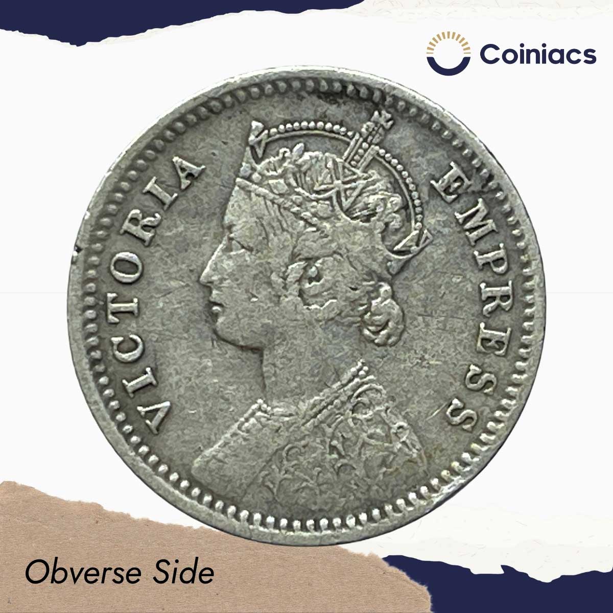 1/4 Rupee Victoria Empress 1878 Calcutta Mint (Obv C, Rev II) Silver Coin, British India Uniform Coinage, Collectable. - Image 2