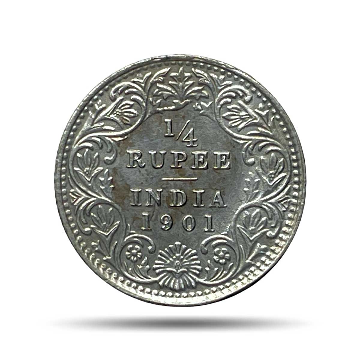 1/4 Rupee Victoria Empress 1901 Calcutta Mint 'C' Incused (Obv C, Rev II) Silver Coin, British India Uniform Coinage, XF+.