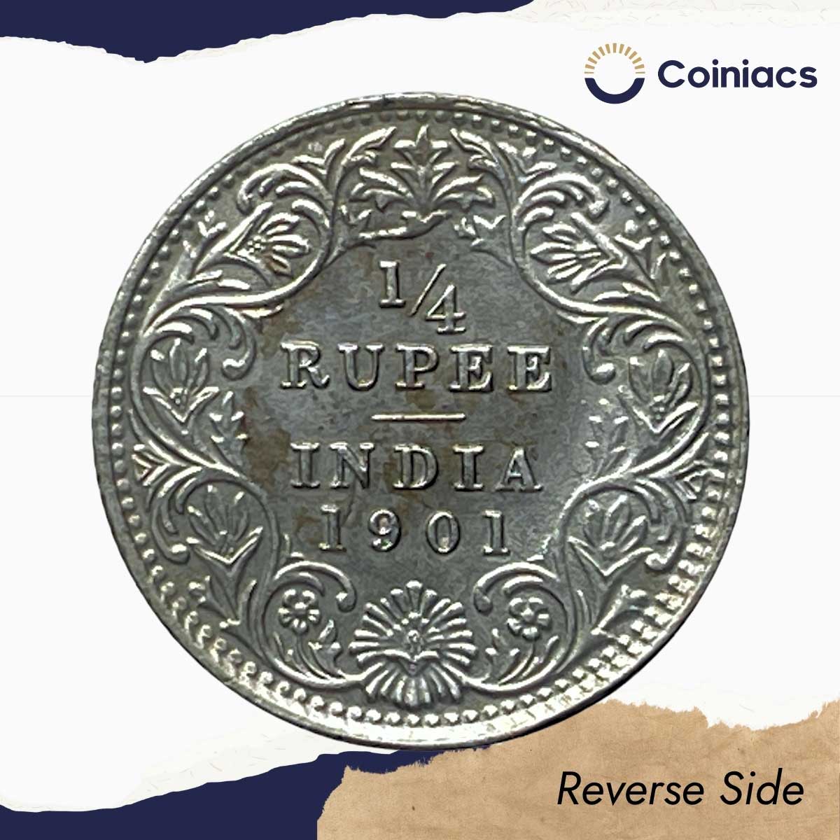 1/4 Rupee Victoria Empress 1901 Calcutta Mint 'C' Incused (Obv C, Rev II) Silver Coin, British India Uniform Coinage, XF+. - Image 3