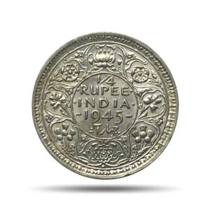 Scarce 1/4 Rupee George VI 1945 CE Large ?5? Bombay Mint Silver Old Coin, British India Uniform Coinage, XF+