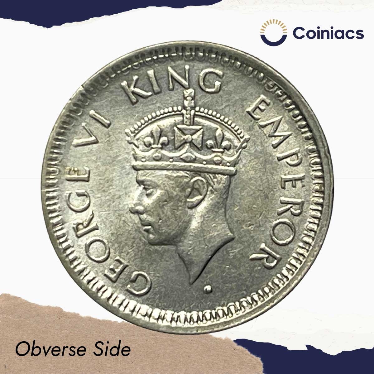 Scarce 1/4 Rupee George VI 1945 CE Large ?5? Bombay Mint Silver Old Coin, British India Uniform Coinage, XF+ - Image 2