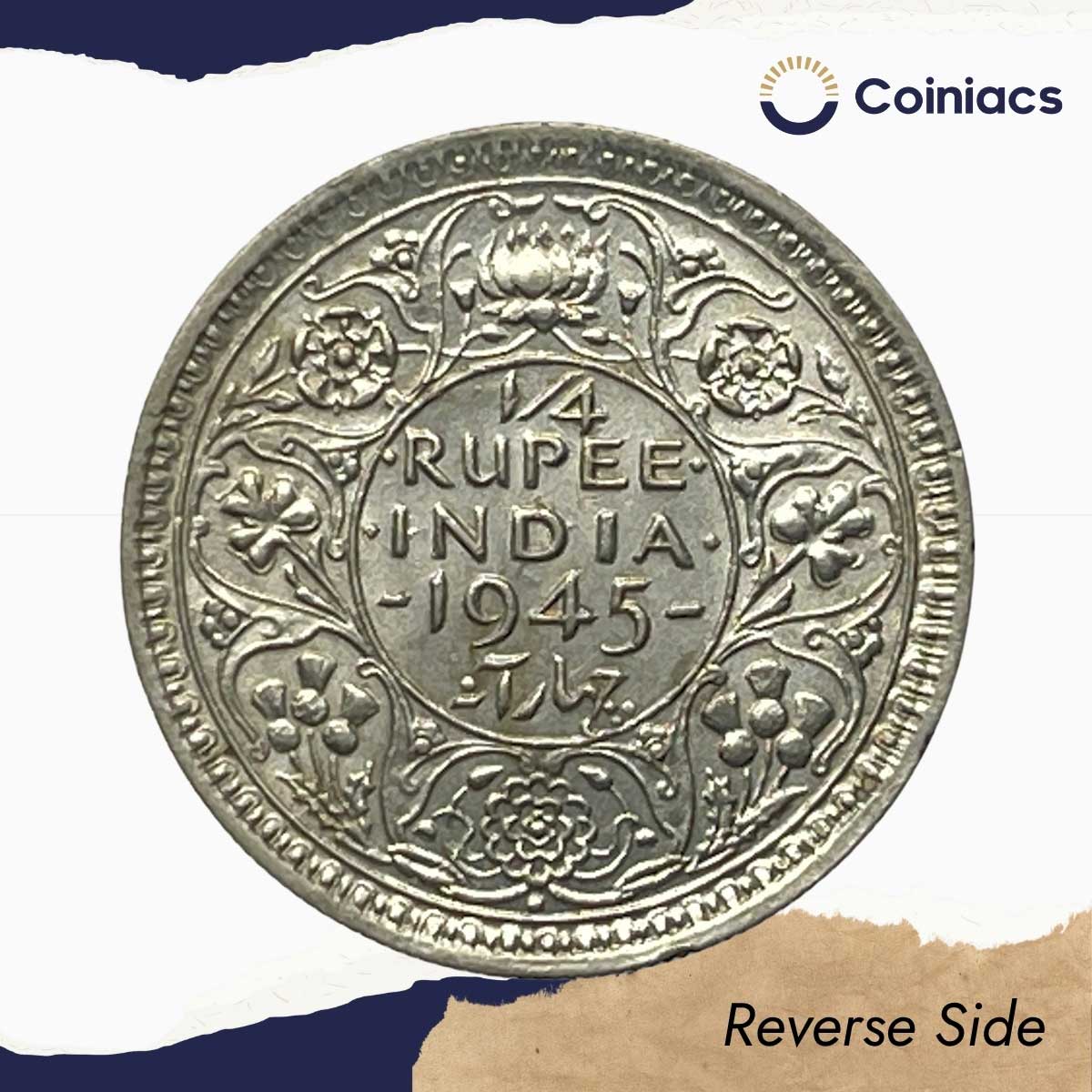 Scarce 1/4 Rupee George VI 1945 CE Large ?5? Bombay Mint Silver Old Coin, British India Uniform Coinage, XF+ - Image 3