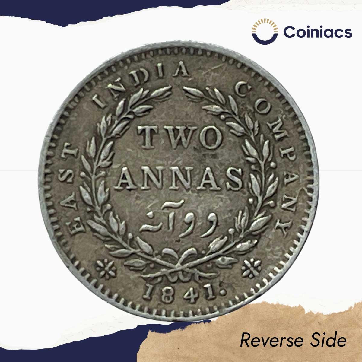 Two Annas Victoria Queen Continous Legend 1841 CE Silver Coin, British India Uniform Coinage, Collectible. - Image 3