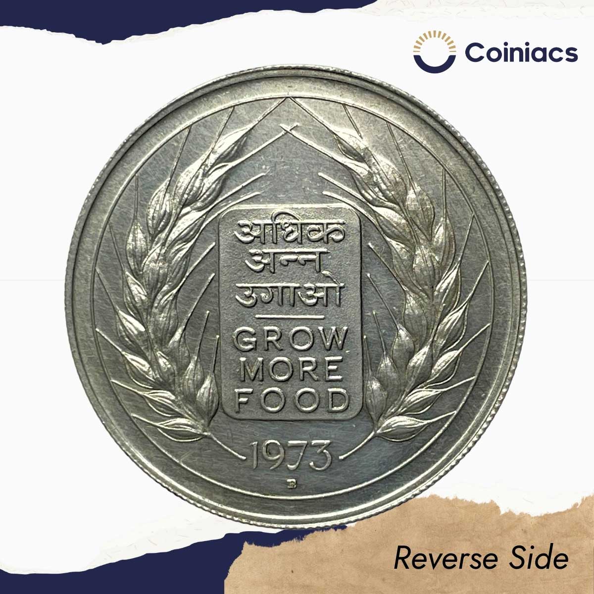 Proof 10 Rupees Grow More Food 1973 Mumbai Mint 'B' Commemorative Silver Coin, Republic India, Proof. - Image 3