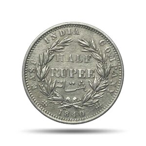 Scarce Half Rupee Victoria Queen Divided Legend 1840 CE .W.W Incused 24 Berries Silver coin, British India Uniform Coinage, Collectible.