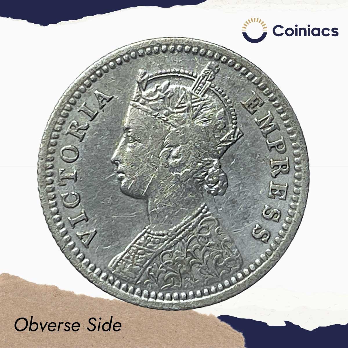 Scarce 1/4 Rupee Victoria Empress 1885 Calcutta Mint Silver Coin, British India Uniform Coinage, Collectible. - Image 2