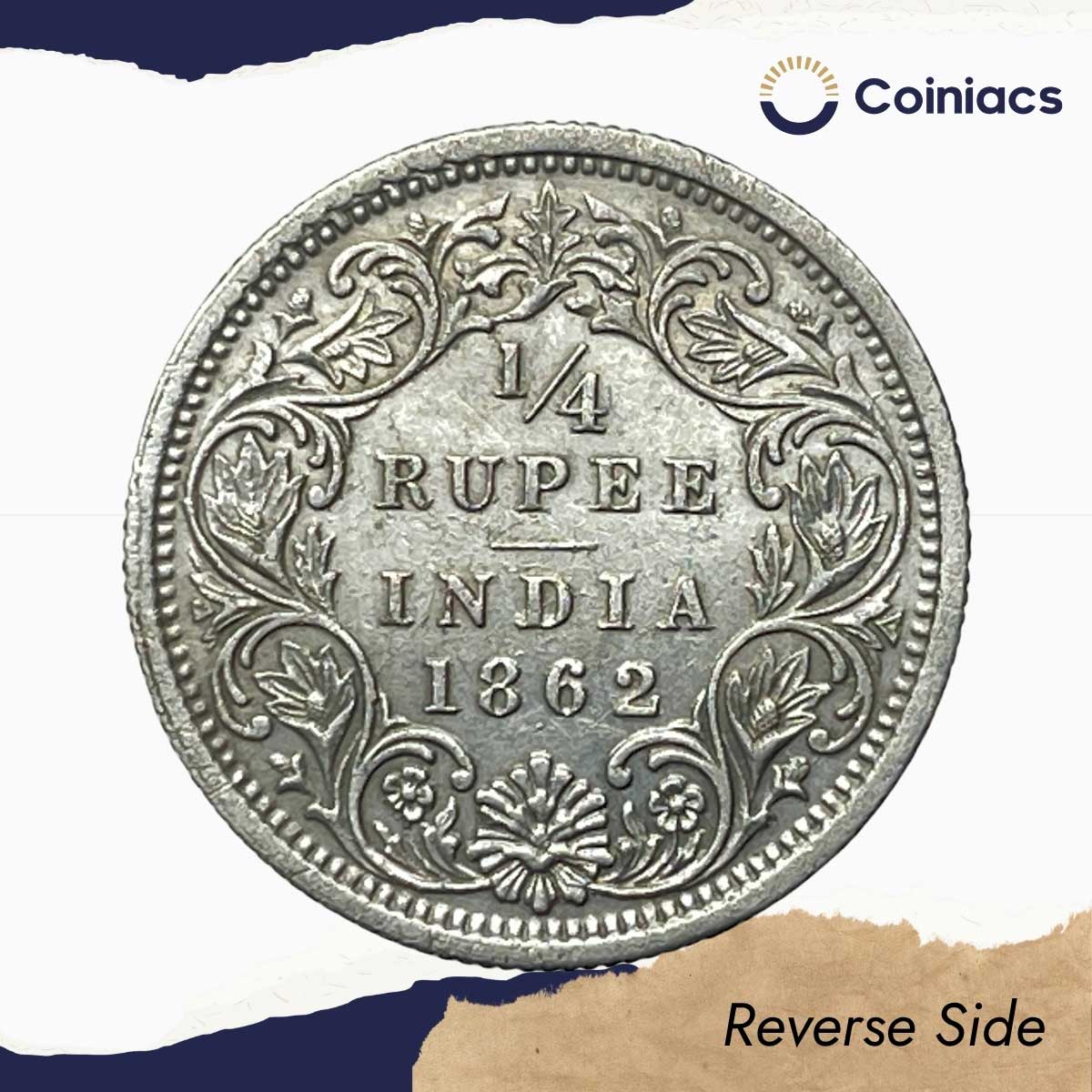 1/4 Rupee Victoria Queen 1862 Silver Coin, British India Uniform Coinage, Collectable. - Image 3