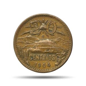20 Centavos 1964 Mexican Mint Bronze Coin, Mexico, Collectible.