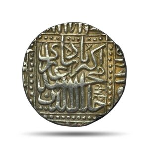 One Rupee Akbar 982 AH (1574-75 CE) Ahmedabad Mint (Kalima within dotted square) Silver Coin, Mughal Empire, AUNC.