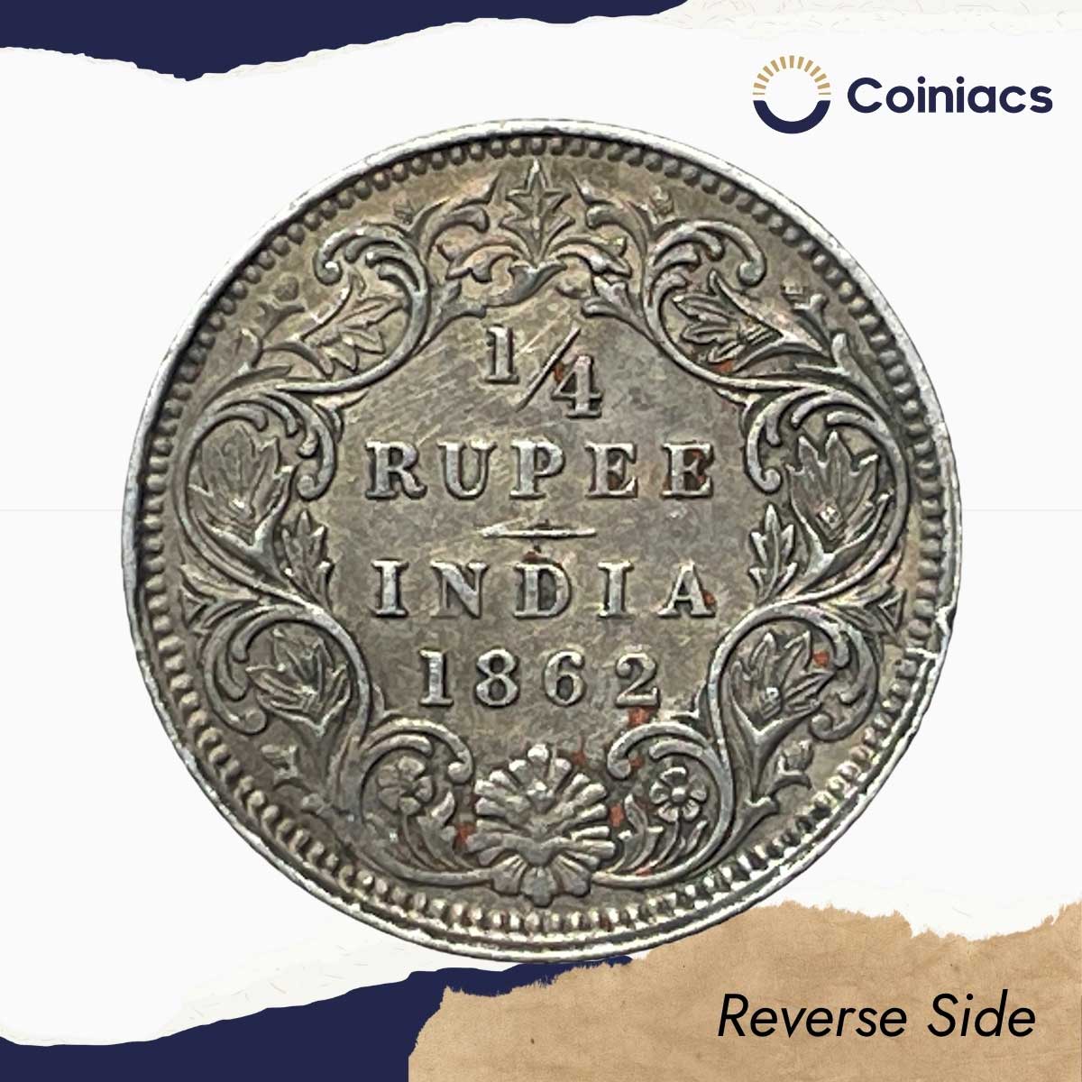 1/4 Rupee Victoria Queen 1862 Silver Coin, British India Uniform Coinage, Collectable. - Image 3