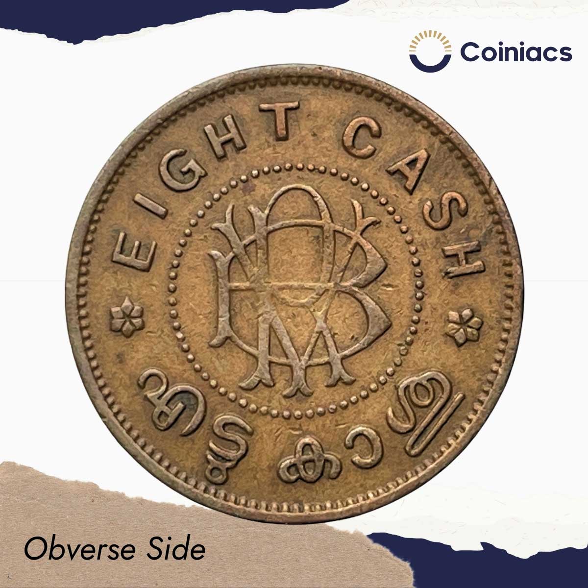 Eight Cash Bala Rama Varma II (ND 1938-49 CE) Bronze Coin, Princely State of Travancore, Collectible. - Image 2