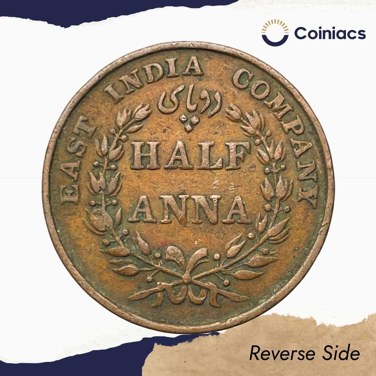 Half Anna East India Company 1835 Copper Coin, British India Uniform Coinage, Collectible. - Image 3