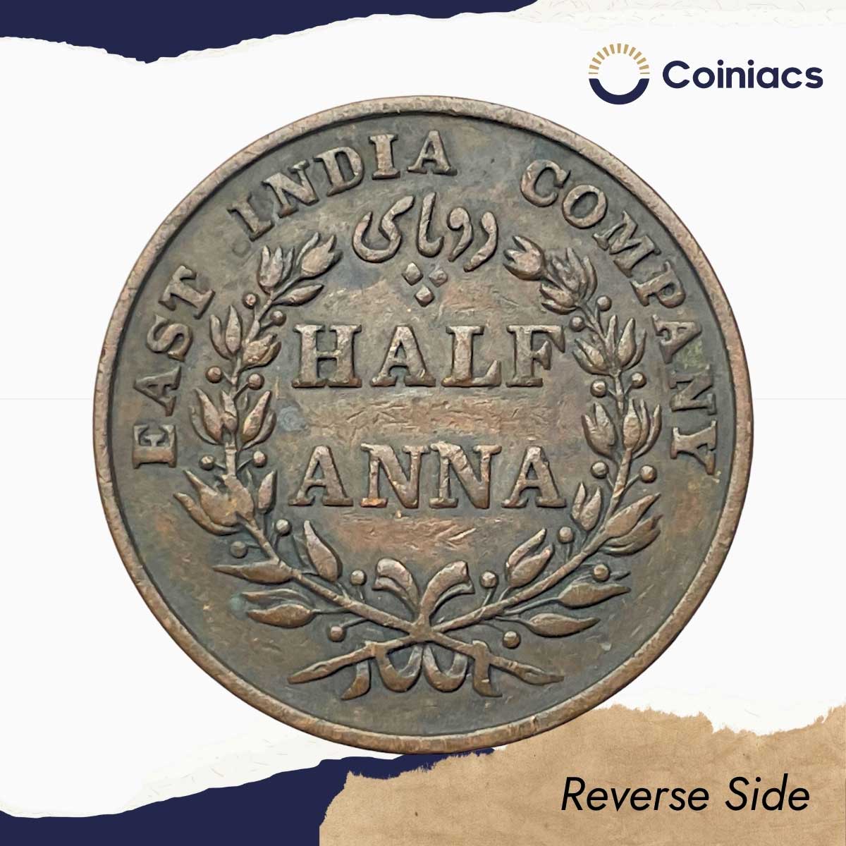 Half Anna East India Company 1835 Copper Coin, British India Uniform Coinage, Collectible. - Image 3