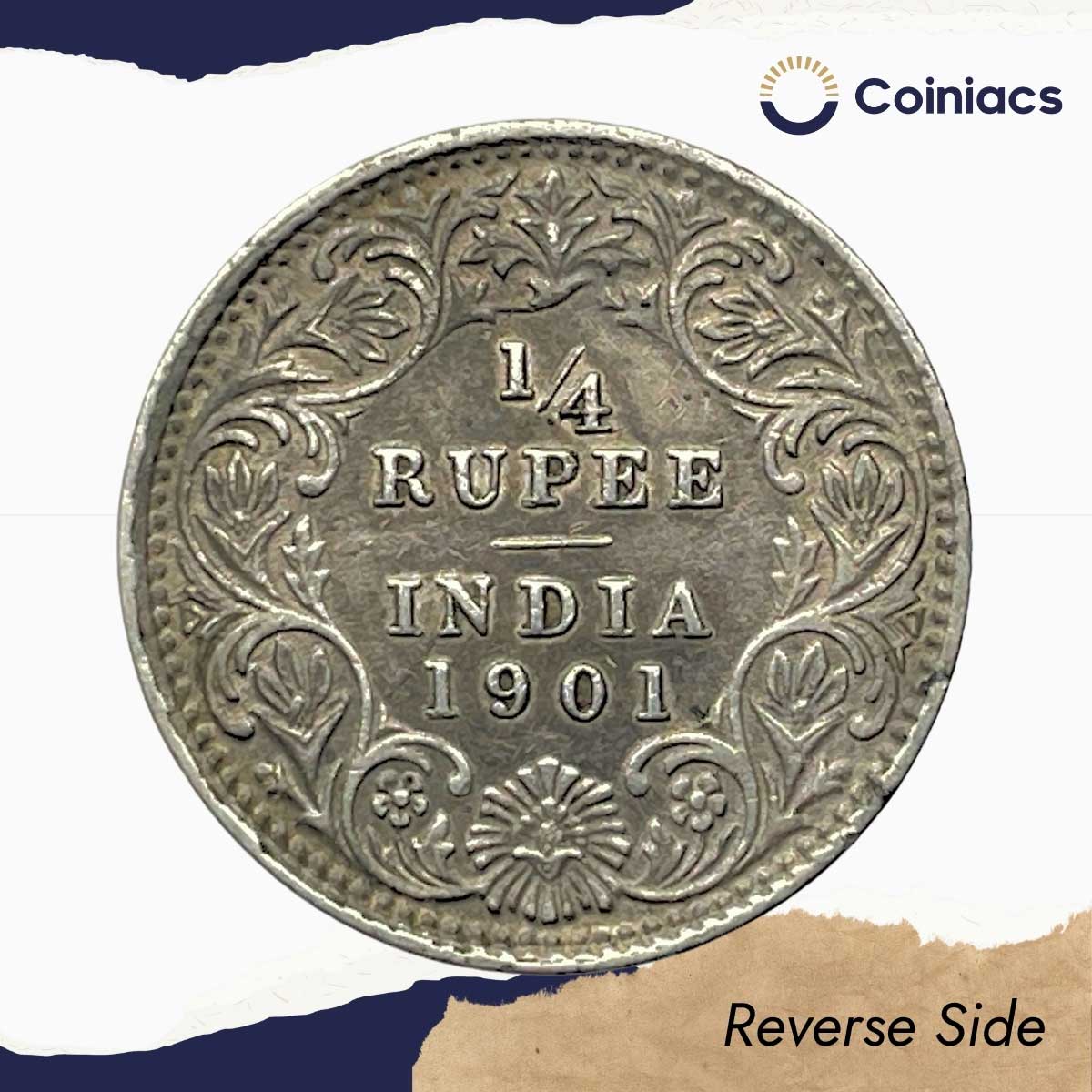 1/4 Rupee Victoria Empress 1901 Calcutta Mint 'C' Incused (Obv C, Rev II) Silver Coin, British India Uniform Coinage, XF+. - Image 3