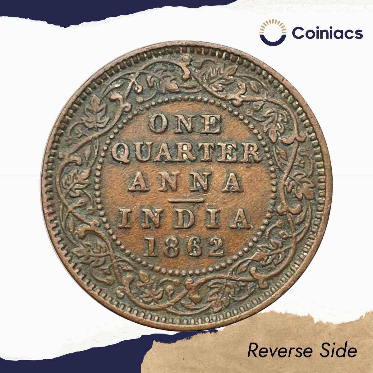 Quarter Anna Victoria Queen 1862 Copper Coin, British India Uniform Coinage, Collectible. - Image 3