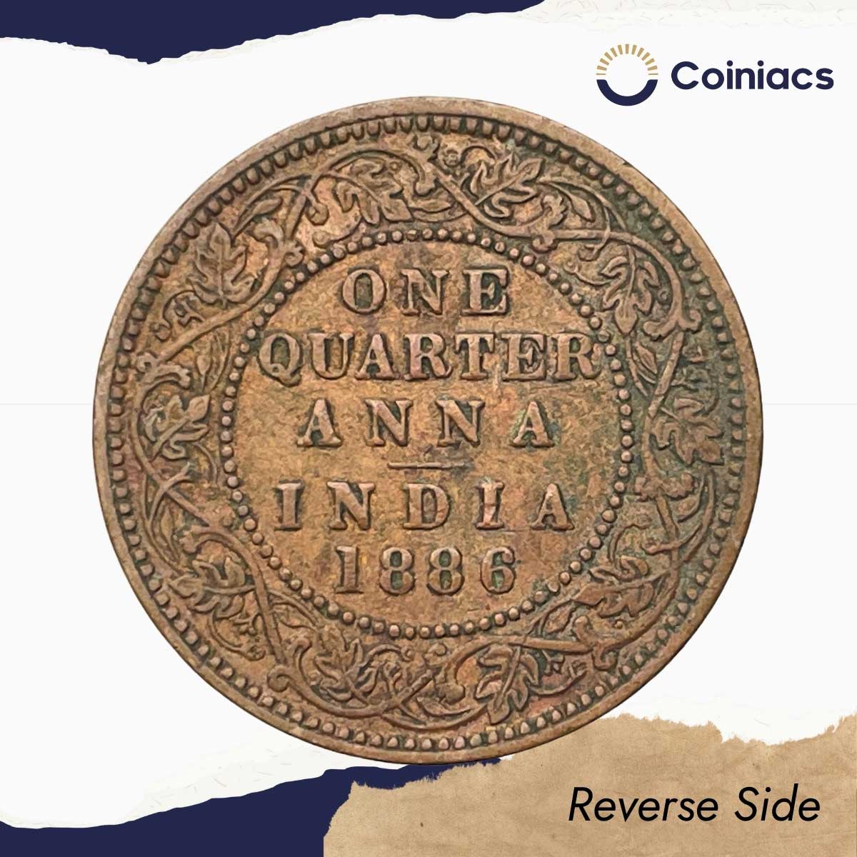 One Quarter Anna Victoria Empress 1886 Bombay Mint (Obv B, Rev I) Copper Coin, British India Uniform Coinage, Collectible. - Image 3