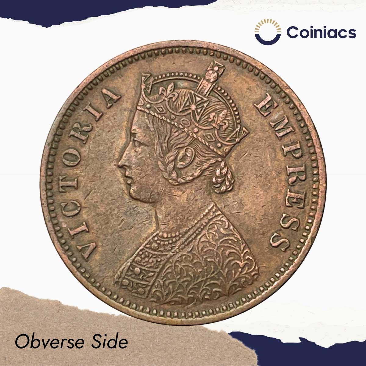 One Quarter Anna Victoria Empress 1889 (Key Date) Bombay Mint (Obv B, Rev I) Copper Coin, British India Uniform Coinage, Collectible. - Image 2