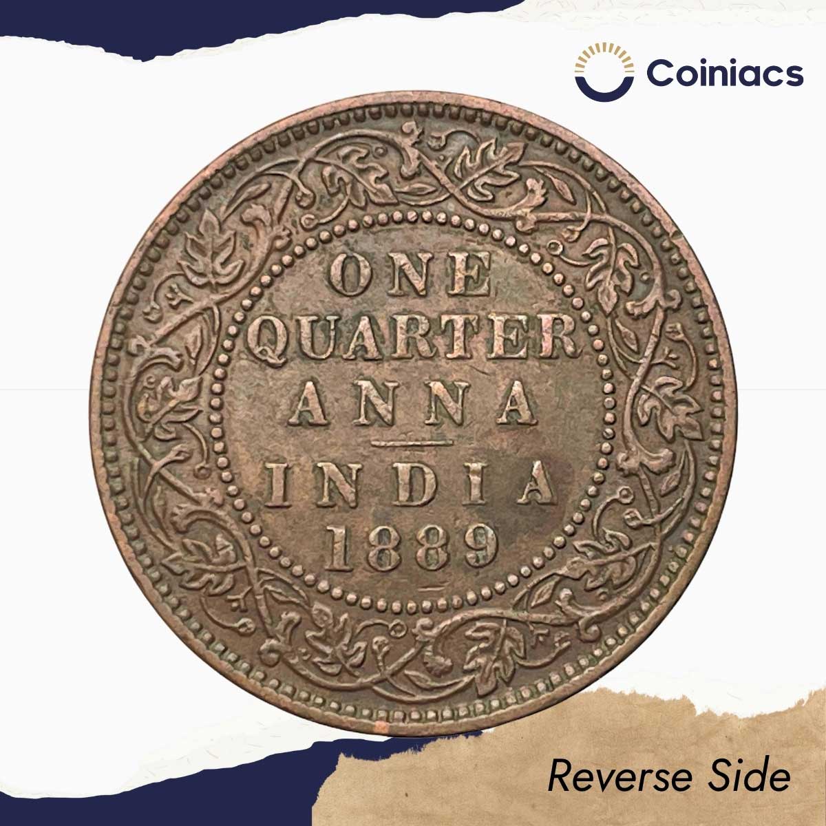 One Quarter Anna Victoria Empress 1889 (Key Date) Bombay Mint (Obv B, Rev I) Copper Coin, British India Uniform Coinage, Collectible. - Image 3