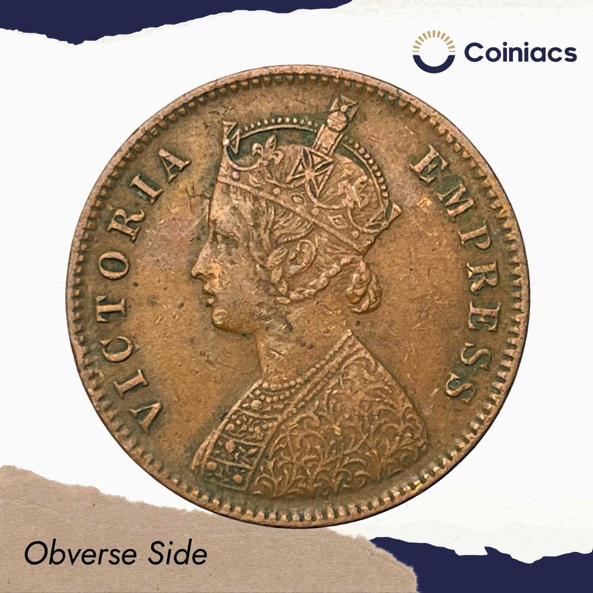 One Quarter Anna Victoria Empress 1890 (Key Date) Calcutta Mint (Obv B, Rev II) Copper Coin, British India Uniform Coinage, Collectible. - Image 2