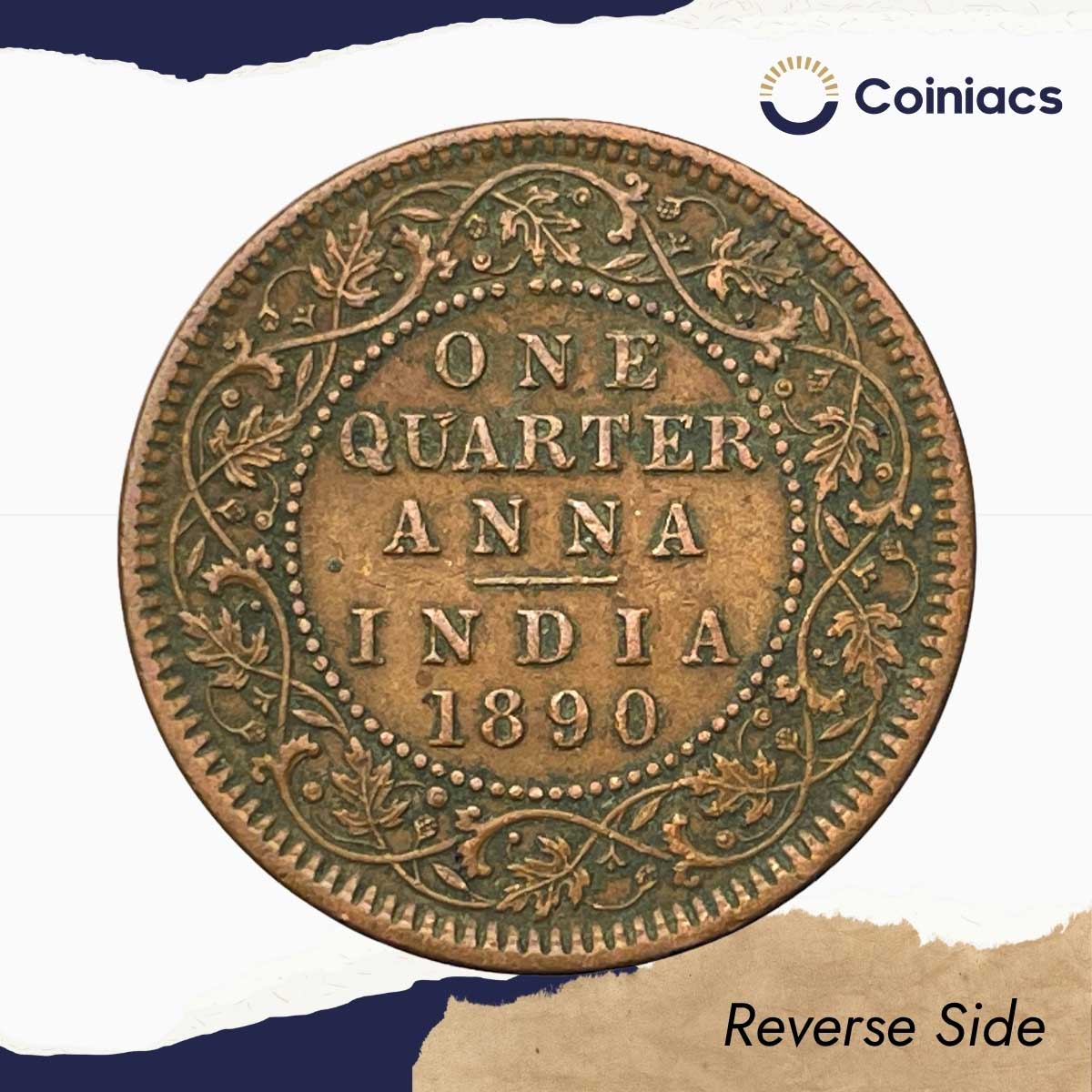 One Quarter Anna Victoria Empress 1890 (Key Date) Calcutta Mint (Obv B, Rev II) Copper Coin, British India Uniform Coinage, Collectible.