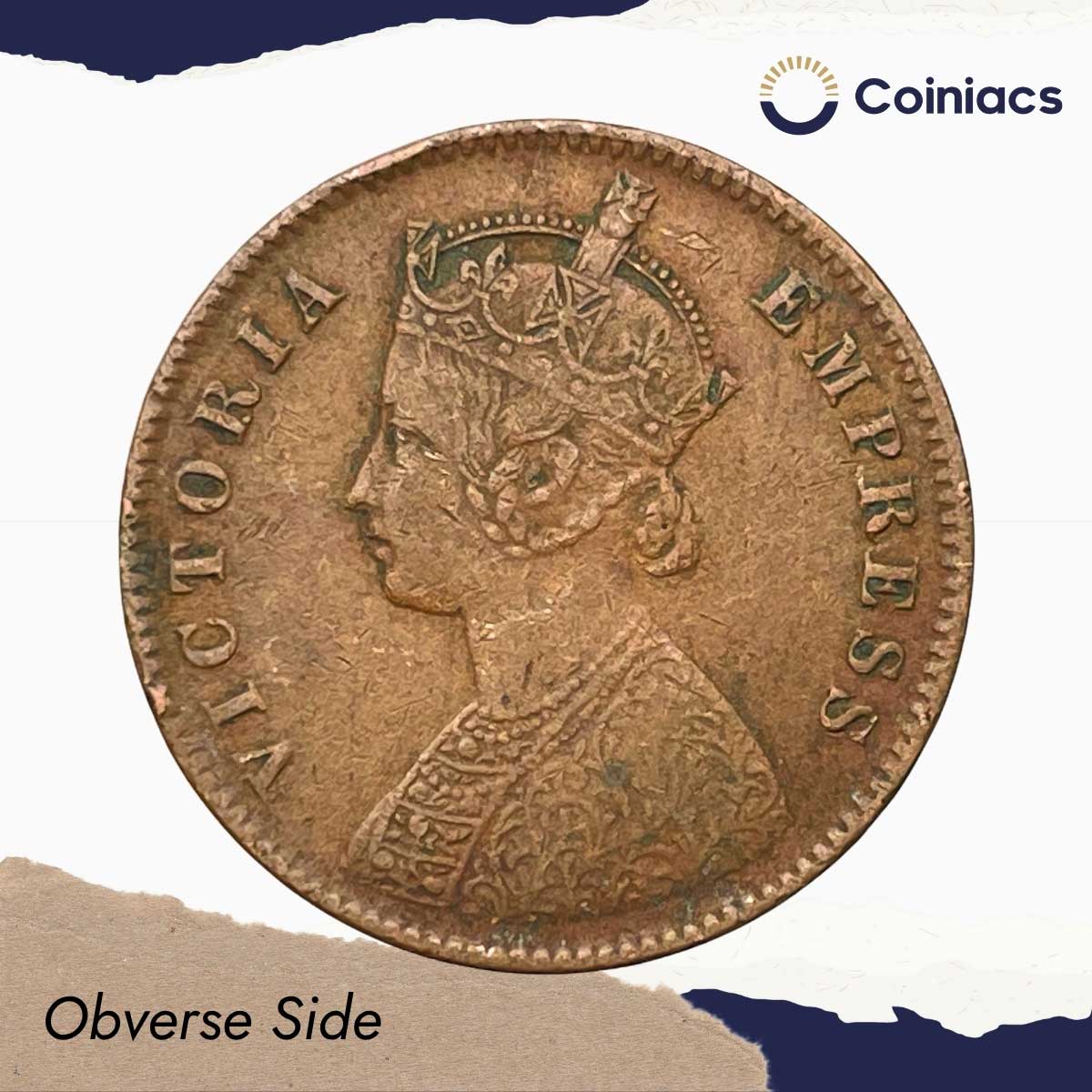 One Quarter Anna Victoria Empress 1892 Calcutta Mint (Obv B, Rev II) Copper Coin, British India Uniform Coinage, Collectible. - Image 2