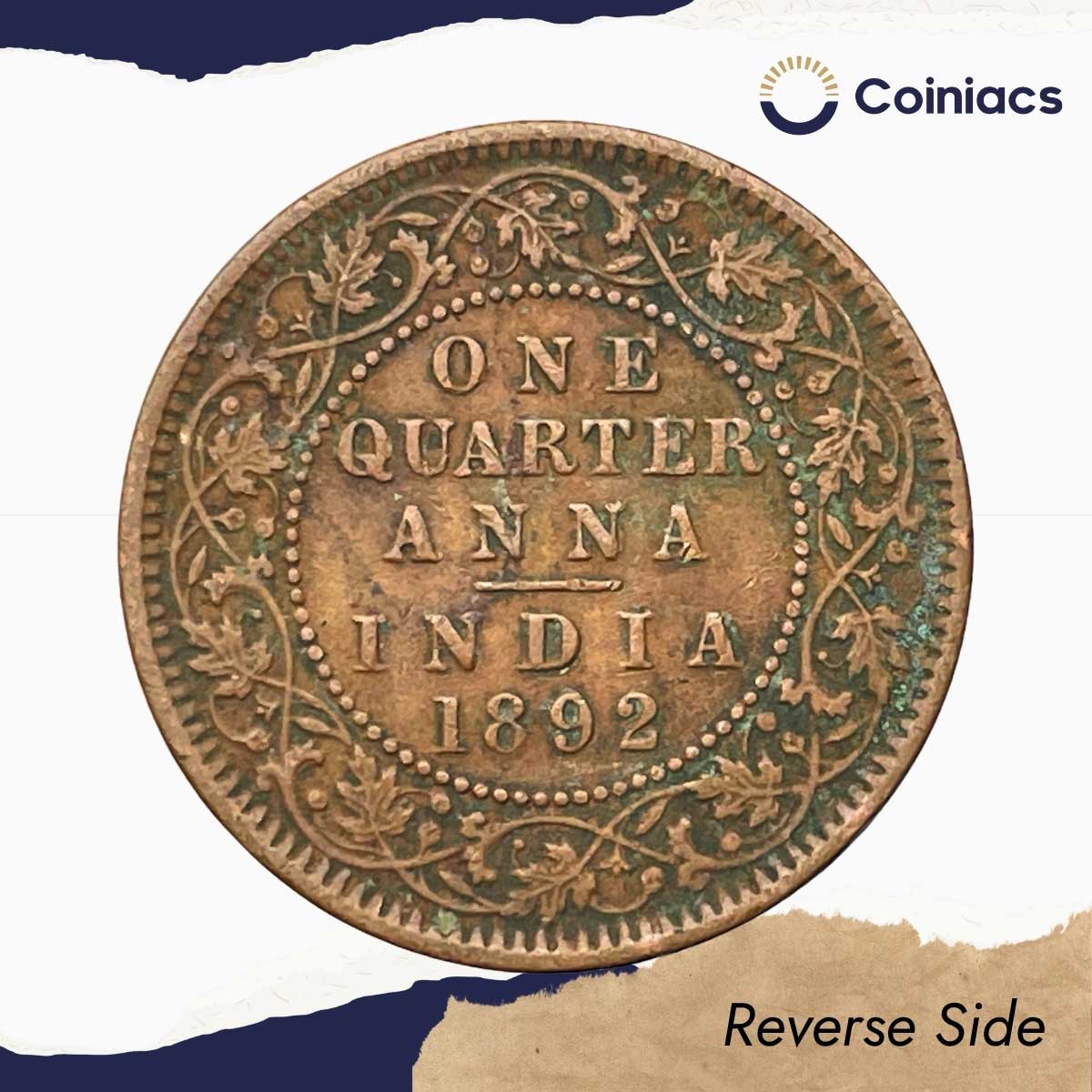 One Quarter Anna Victoria Empress 1892 Calcutta Mint (Obv B, Rev II) Copper Coin, British India Uniform Coinage, Collectible. - Image 3