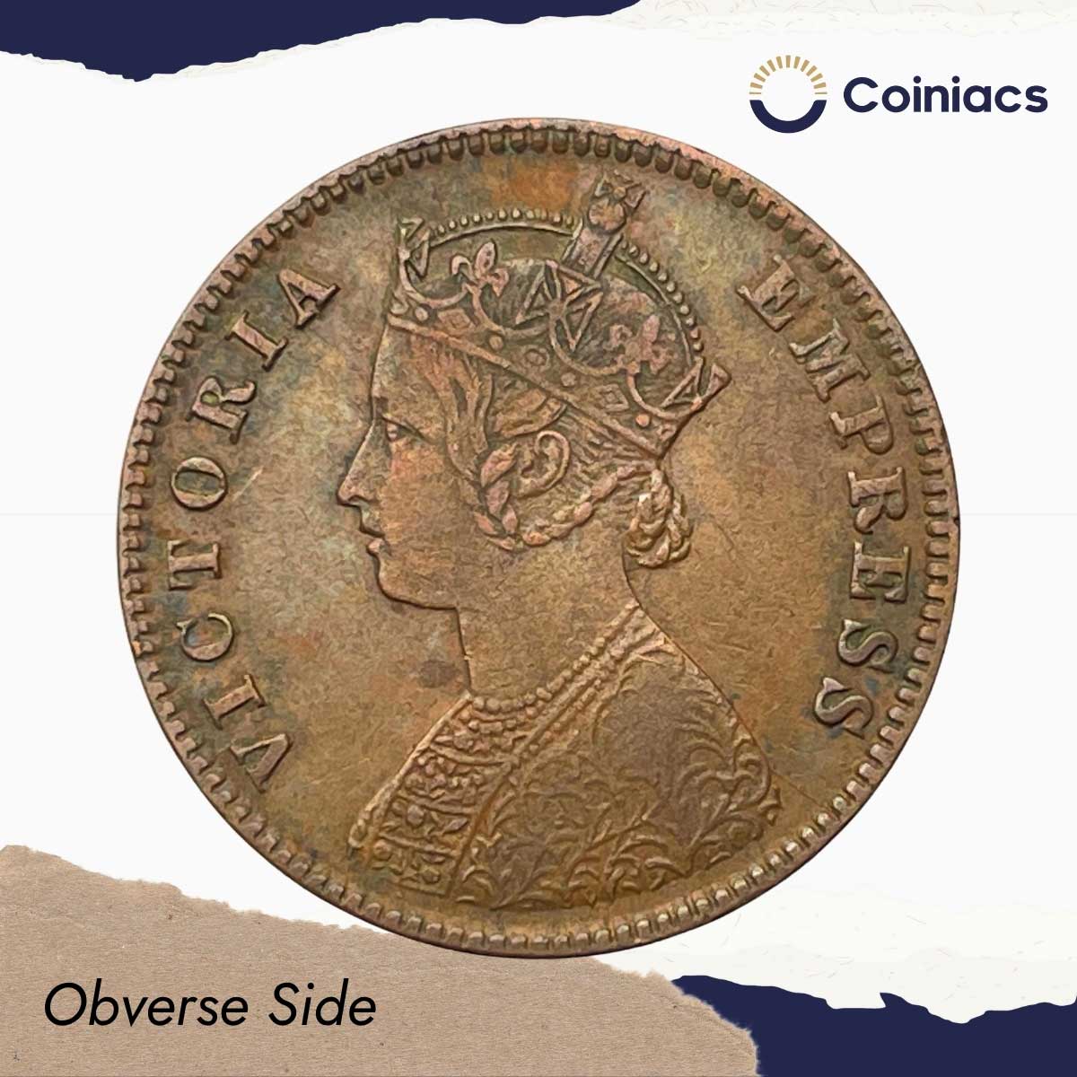 One Quarter Anna Victoria Empress 1896 Calcutta Mint (Obv B, Rev II) Copper Coin, British India Uniform Coinage, Collectible. - Image 2