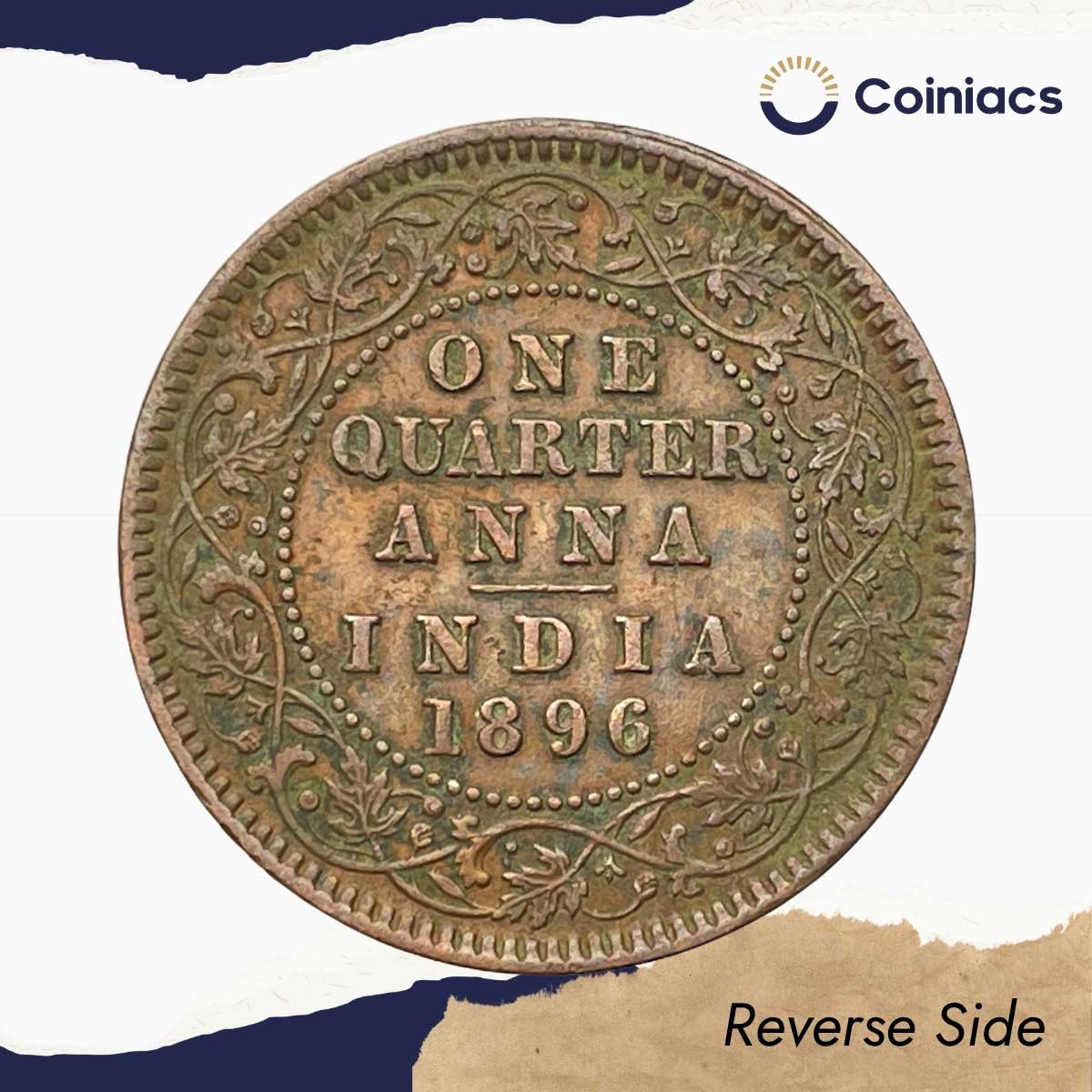 One Quarter Anna Victoria Empress 1896 Calcutta Mint (Obv B, Rev II) Copper Coin, British India Uniform Coinage, Collectible. - Image 3