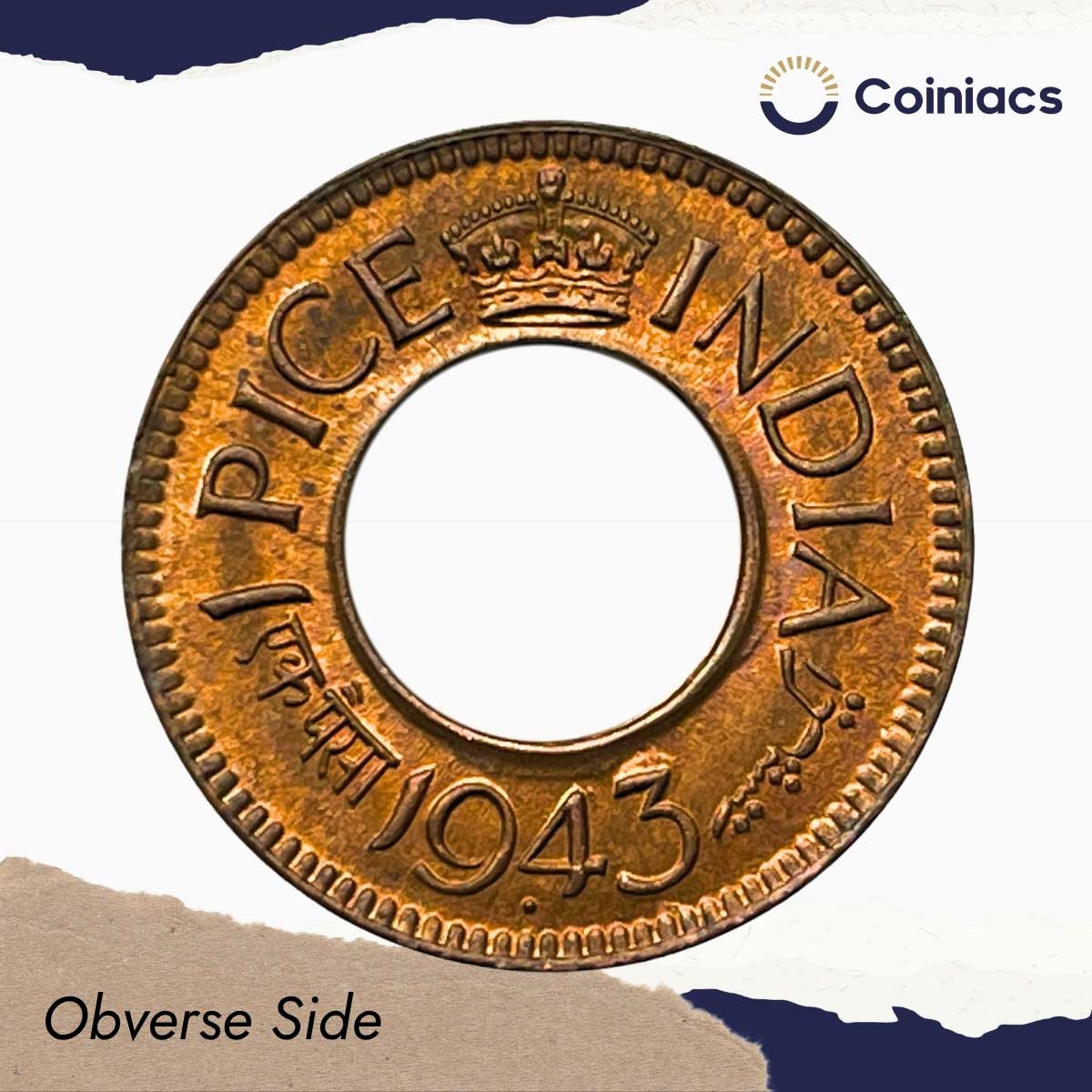 UNC 1 Pice (Hole Pice) George VI King Emperor 1943 Bombay Miny Bronze Coin, British India Uniform Coinage, UNC - Image 2