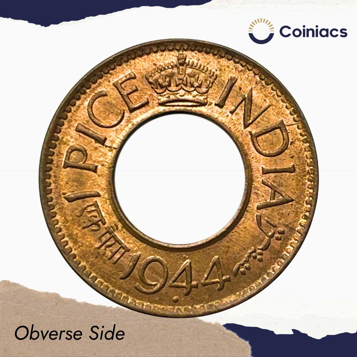 UNC 1 Pice (Hole Pice) George VI King Emperor 1944 Bombay Miny Bronze Coin, British India Uniform Coinage, UNC - Image 2