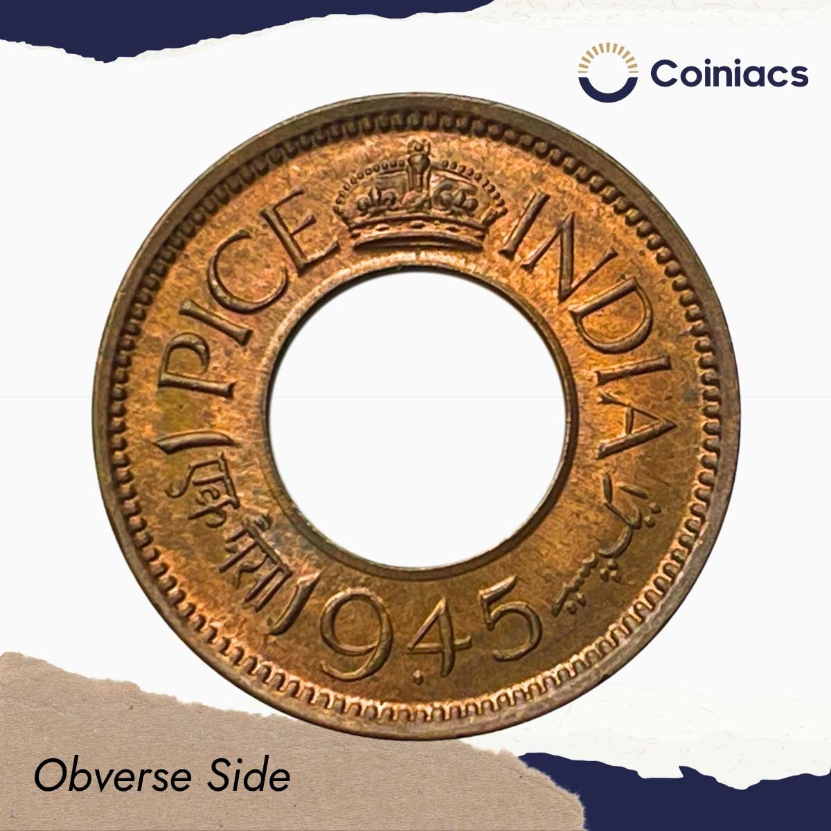 UNC 1 Pice (Hole Pice) George VI King Emperor 1945 Bombay Miny Bronze Coin, British India Uniform Coinage, UNC - Image 2