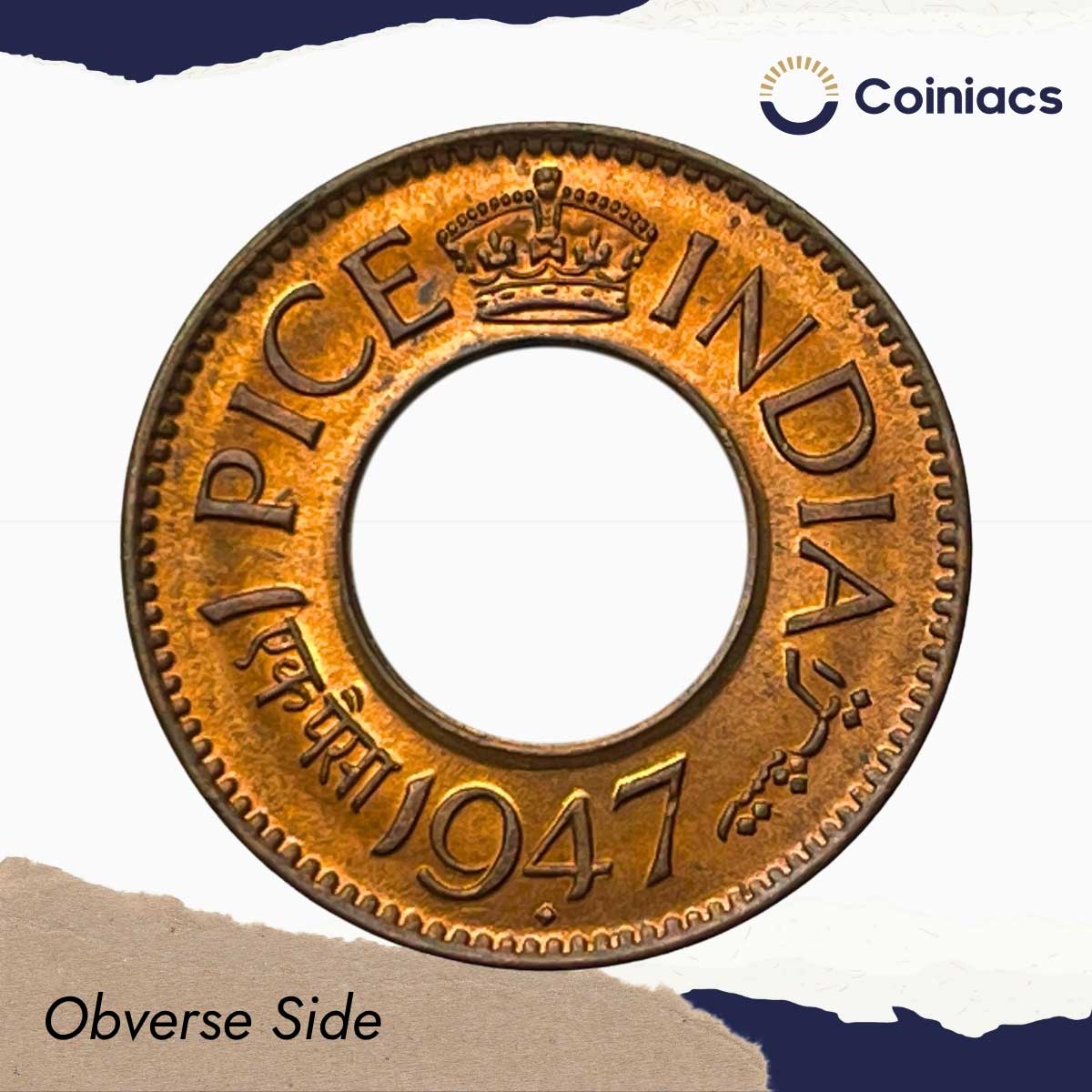 UNC 1 Pice (Hole Pice) George VI King Emperor 1947 Bombay Miny Bronze Coin, British India Uniform Coinage, UNC - Image 2