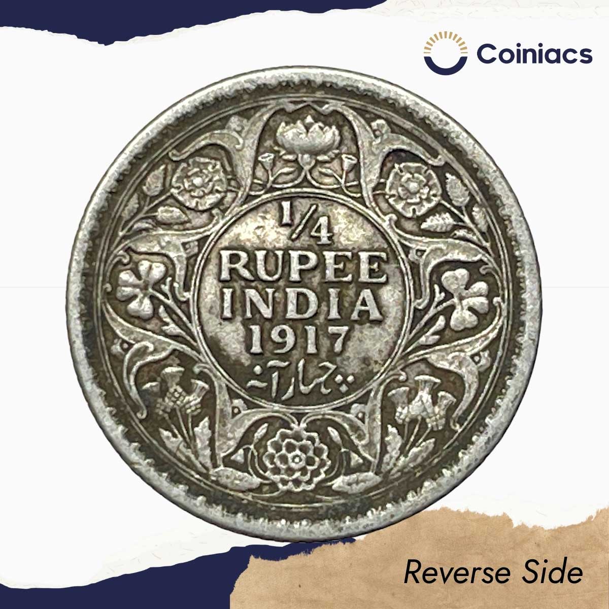 Scarce 1/4 Rupee George V King Emperor 1917 Calcutta Mint Silver Coin, British India Uniform Coinage, Collectible. - Image 3