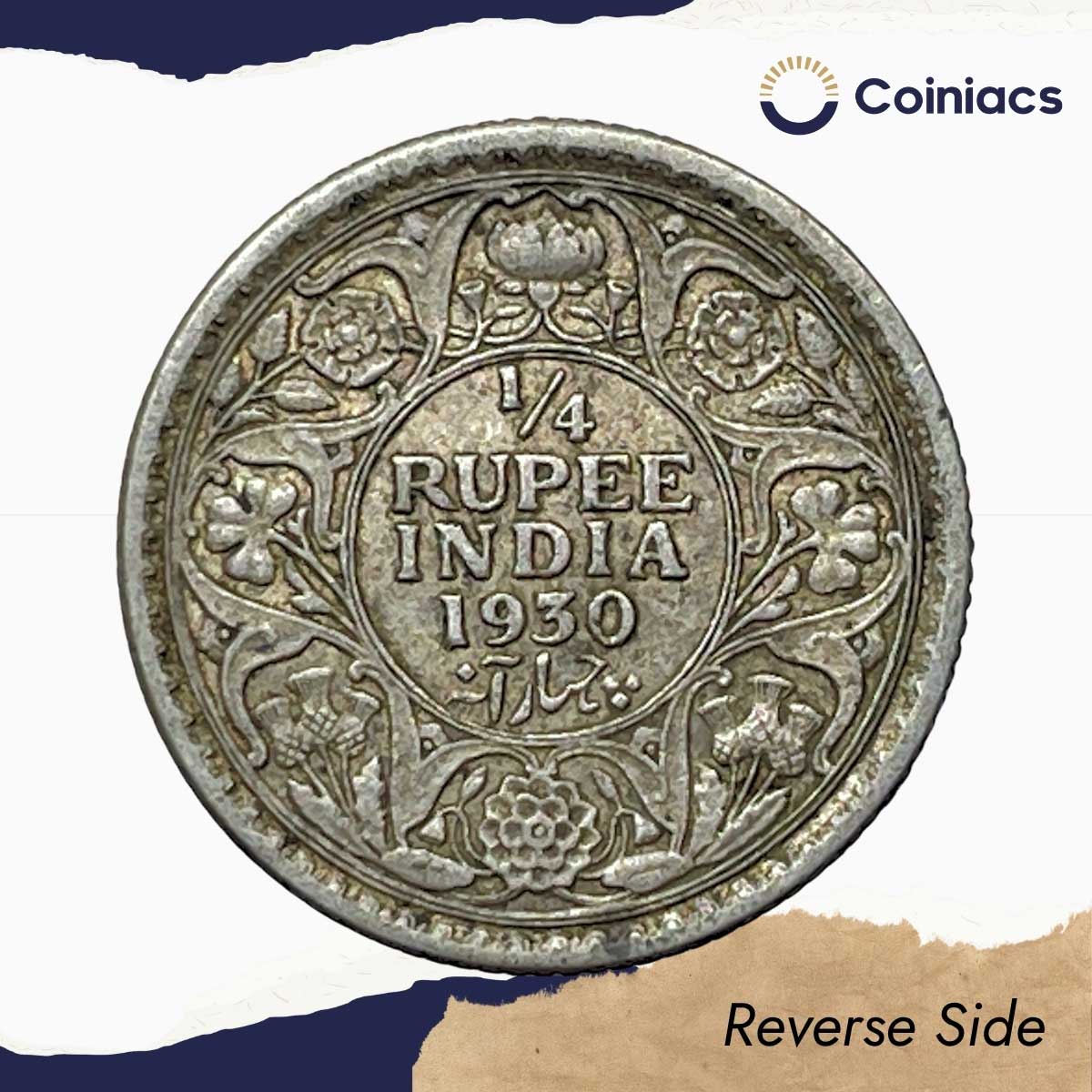 Scarce 1/4 Rupee George V King Emperor 1930 Calcutta Mint Silver Coin, British India Uniform Coinage, Collectible. - Image 3