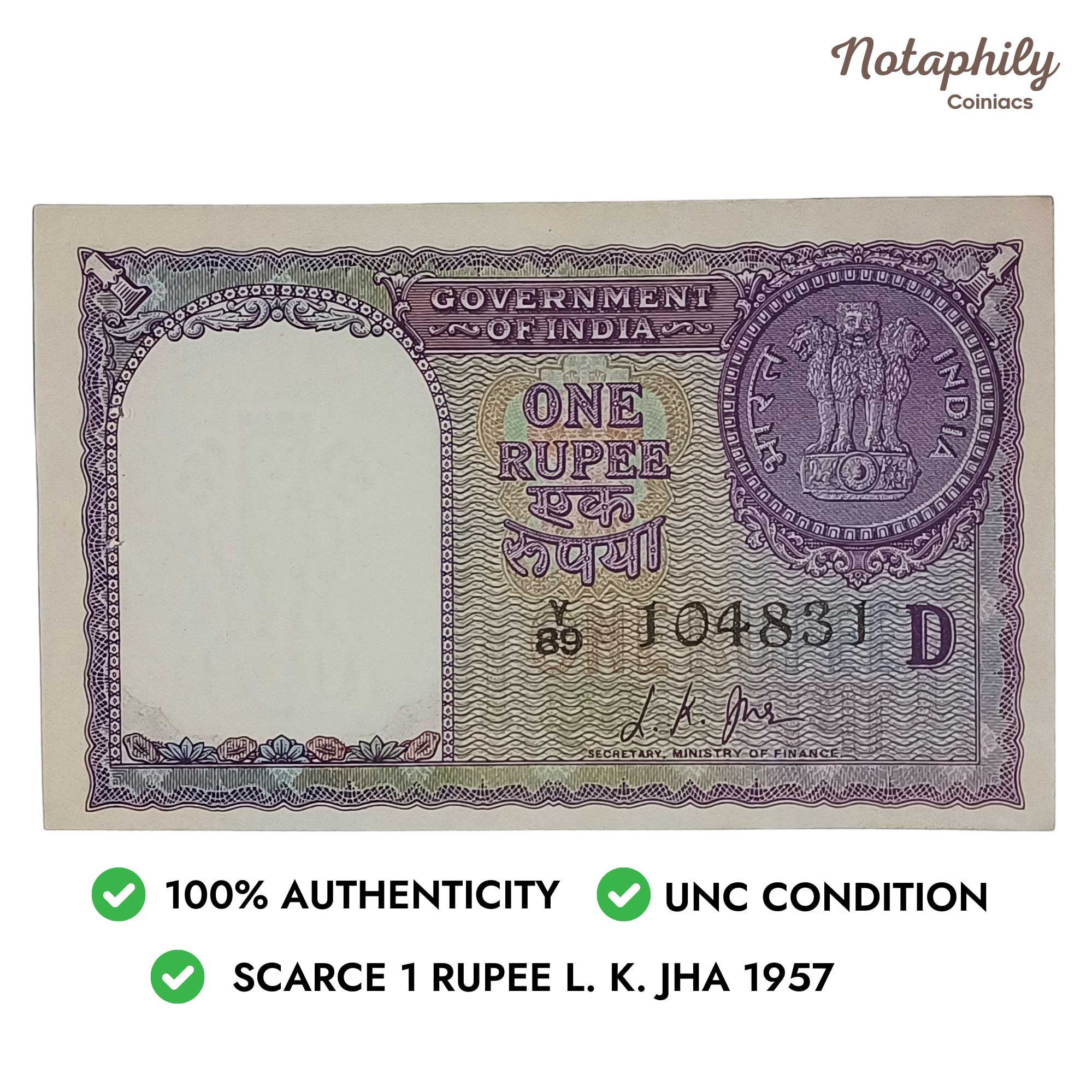 NOTAPHILY Scarce 1 Rupee L. K. Jha 1957 ‘D’ Inset, Republic India Numismatics Note, (A11) UNC. - Image 3