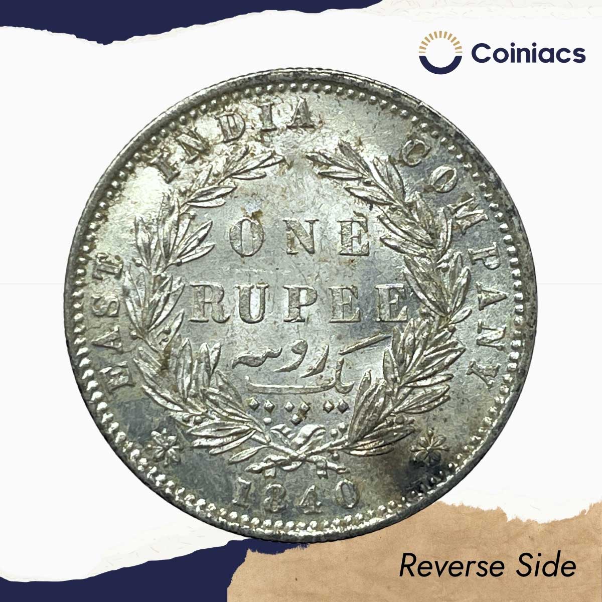 UNC One Rupee Victoria Queen 1840 Divided Legend W.W. (Re-engraved hair) Silver Coin, British India Uniform Coinage, UNC. - Image 3