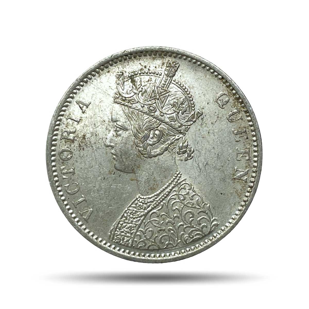 UNC One Rupee Victoria Queen 1875 (Obv A2, Rev II) Dot Bombay Mint Silver Coin, British India Uniform Coinage, UNC.