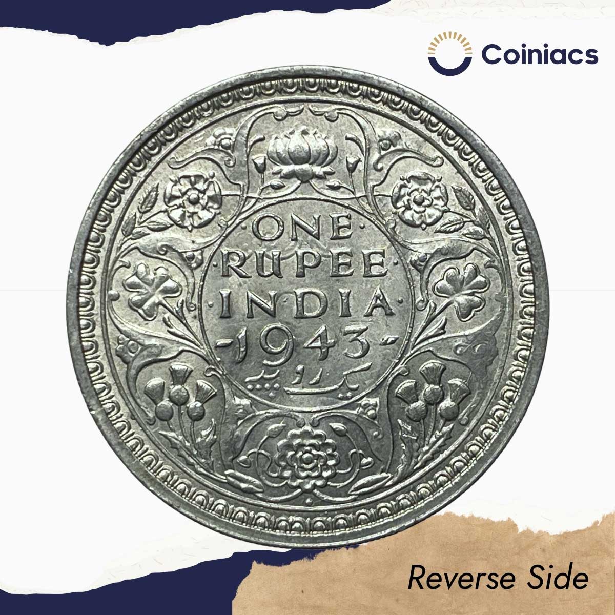 UNC Scarce One Rupee George VI King Emperor 1943 Bombay Mint Silver Coin, British India Uniform Coinage, UNC. - Image 3