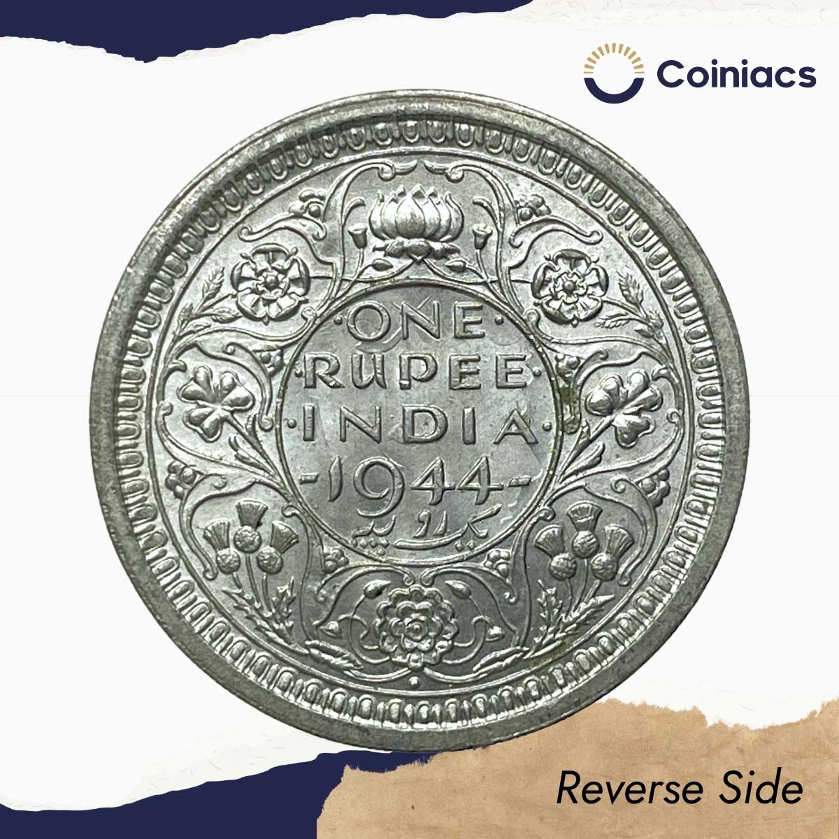 UNC Scarce One Rupee George VI King Emperor 1944 Bombay Mint Silver Coin, British India Uniform Coinage, UNC. - Image 3