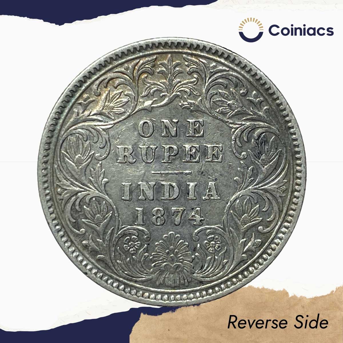One Rupee Victoria Queen 1874 (Obv A1, Rev II) Calcutta Mint Silver Coin, British India Uniform Coinage, Collectable. - Image 3